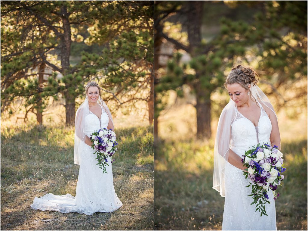 Lori in her wedding gown holding her bouquet on her wedding day at younger ranch