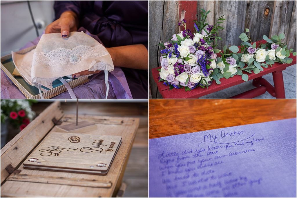 Bride details, note to her groom, her bouquet with white and lavender roses and purple stock and bright blue filler, guestbook that has a wooden cover and has Lori and Bryan burned into it