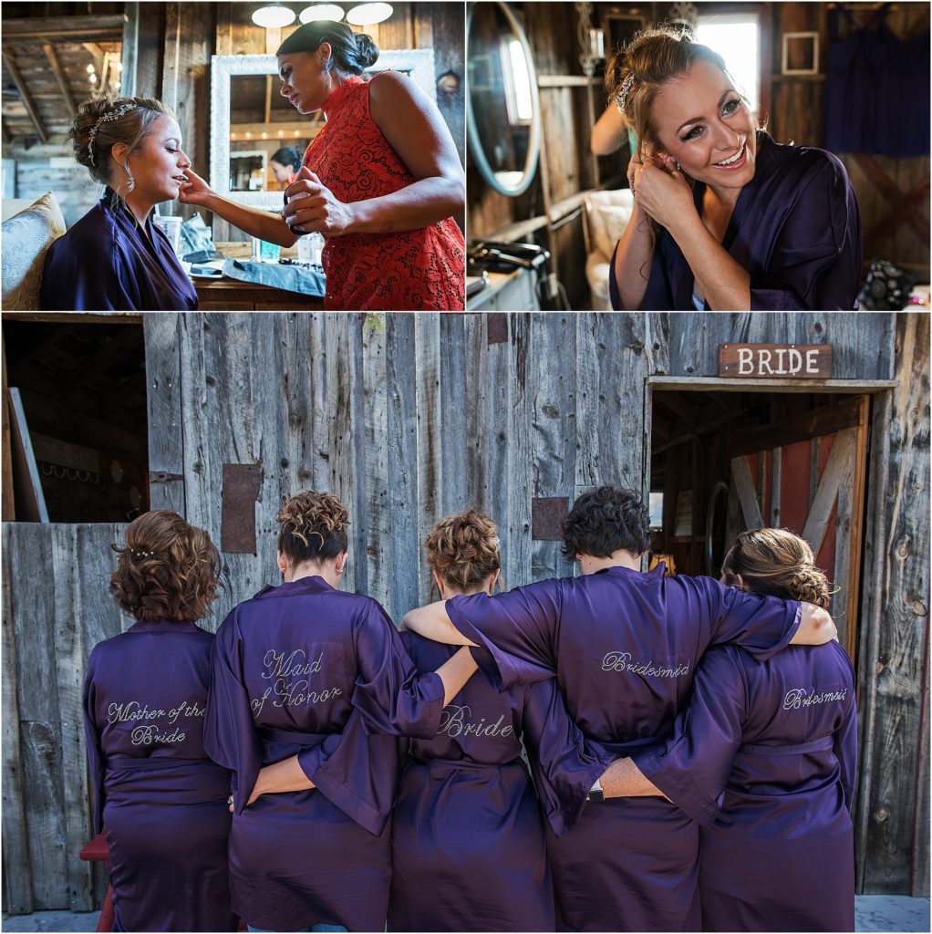 Lori and her bridesmaids are wearing purple satin monogramed robes