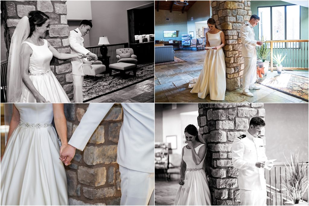 Bride and groom share notes with each other around a stone pillar at Flying Horse Club in Colorado Springs, they share a first touch, both are very happy and emotional