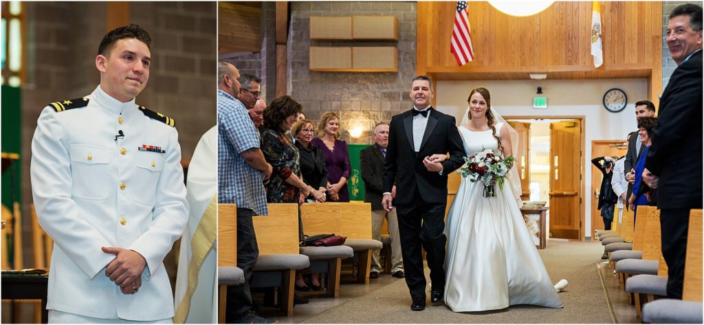 Bride walks down the aisle escorted by her dad and groom sees her for the first time, groom is wearing Navy Whites in this catholic ceremony