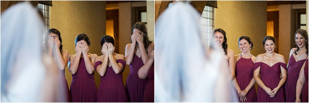 Bride surprises bridesmaids with their own first look after she is dressed, they react with tears, smiles and laughs