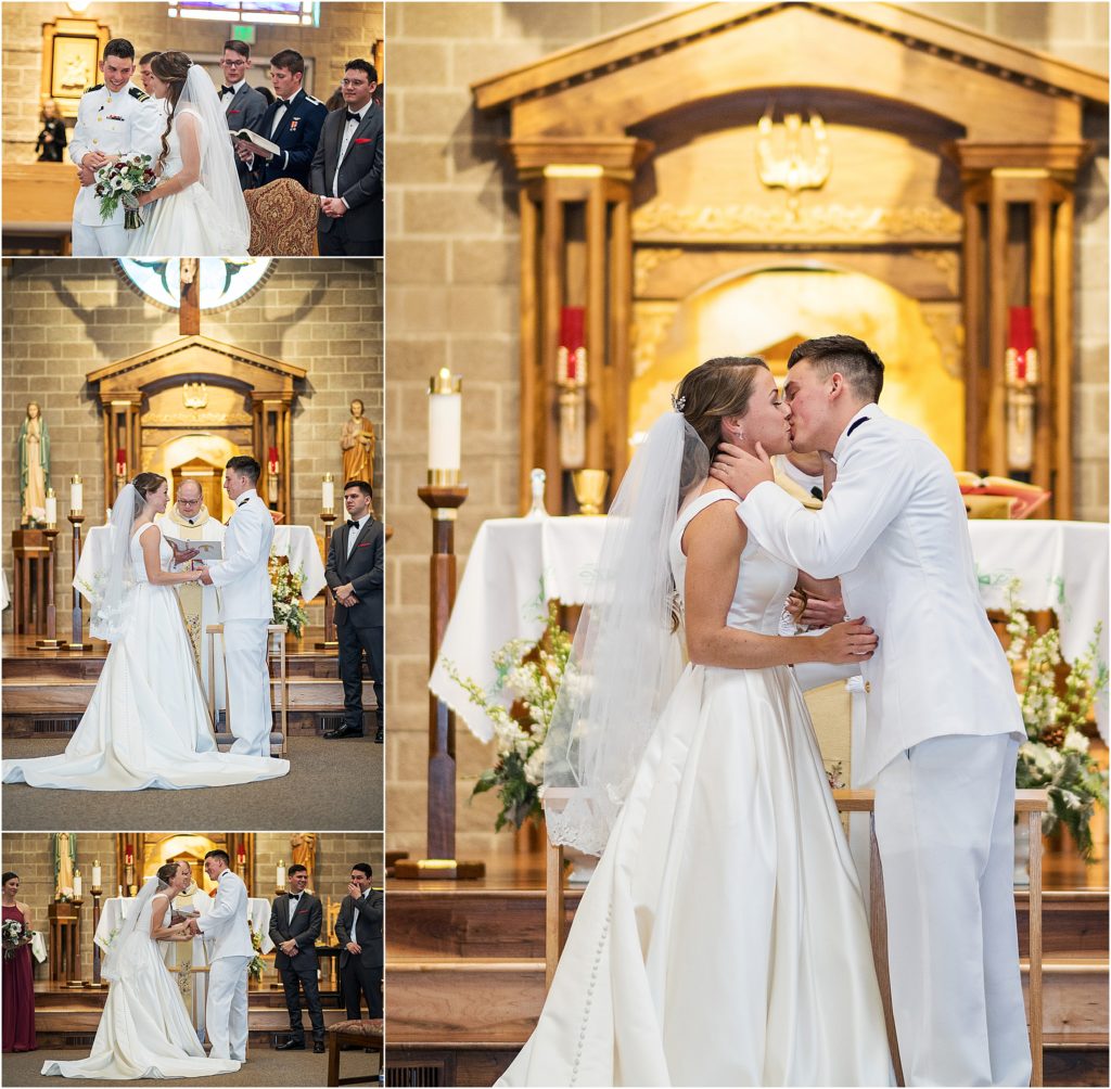 Bride and groom react during catholic wedding ceremony, exchange rings and kiss