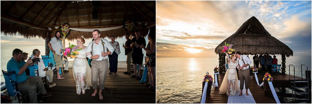 couple celebrates after their wedding ceremony on the ocean