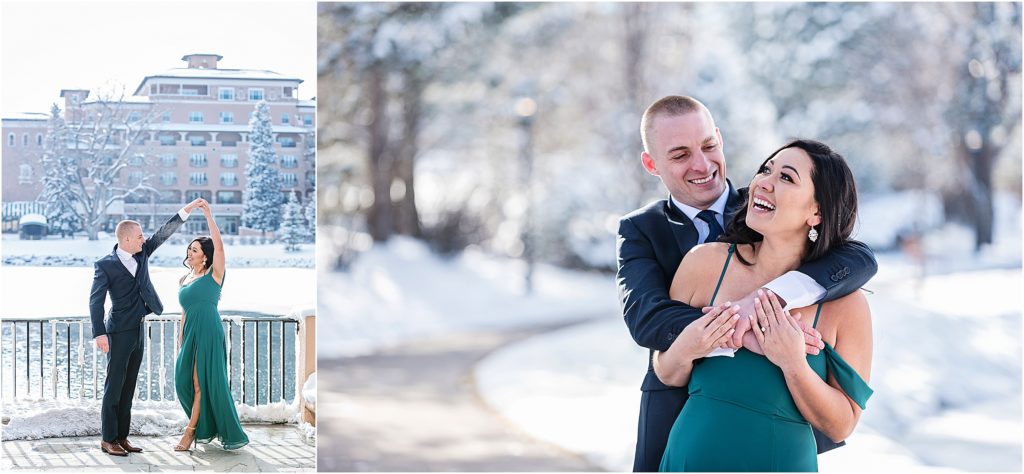 couple dances in formal clothes during their engagement photography session at the broadmoor