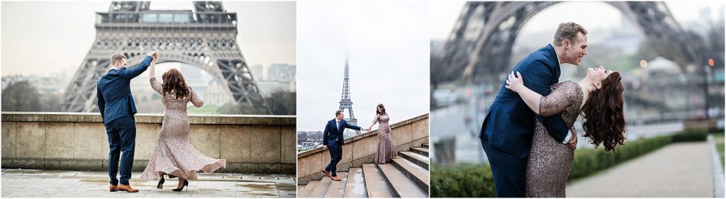 Engaged couple dance and laugh while wearing formal clothes with the Eiffel Tower behind them.