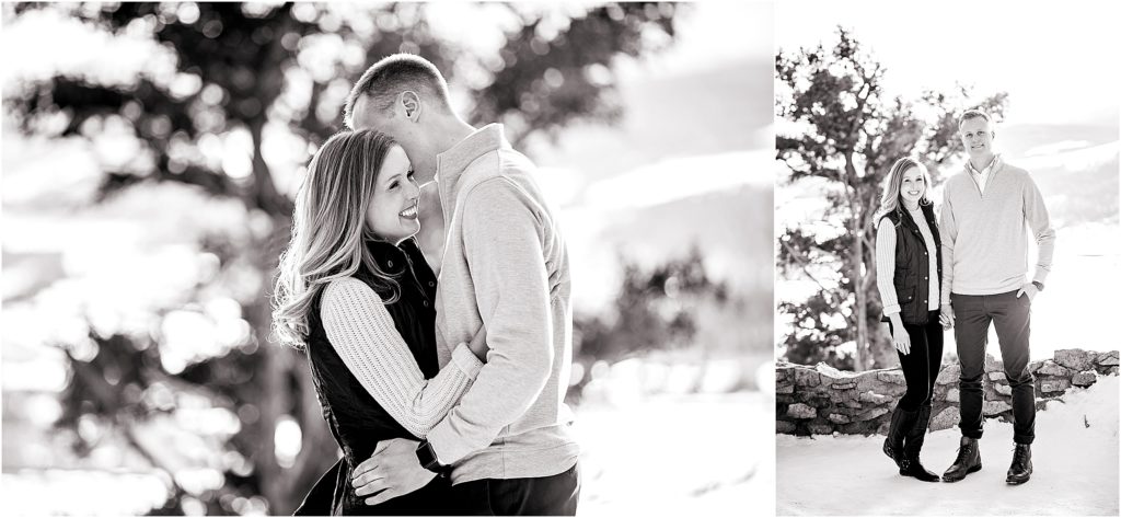 Series of 2 photos, in first image, man whispers in womans ear and she laughs, they are embracing, in second image, couple stands holding hands looking towards camera and smiling