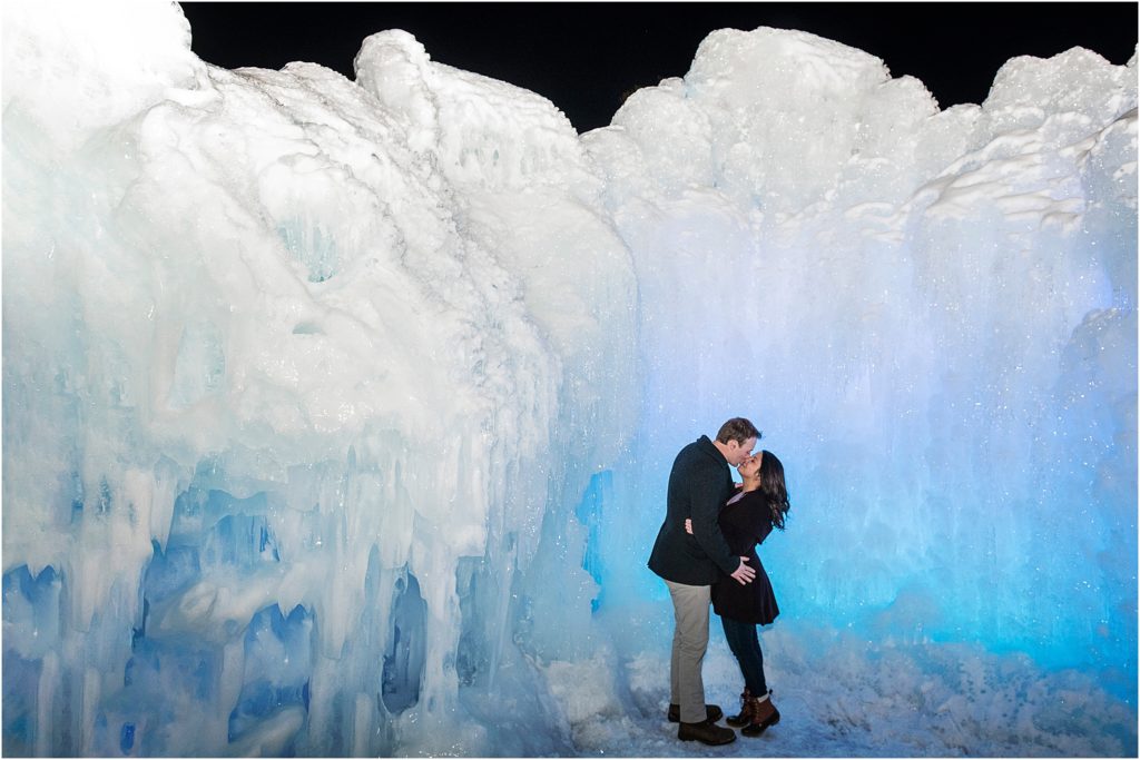 Couple kissing in the snow and ice