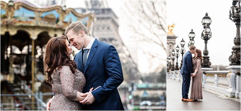 Couple in love in Paris, they kiss and smile at each other while holding hands