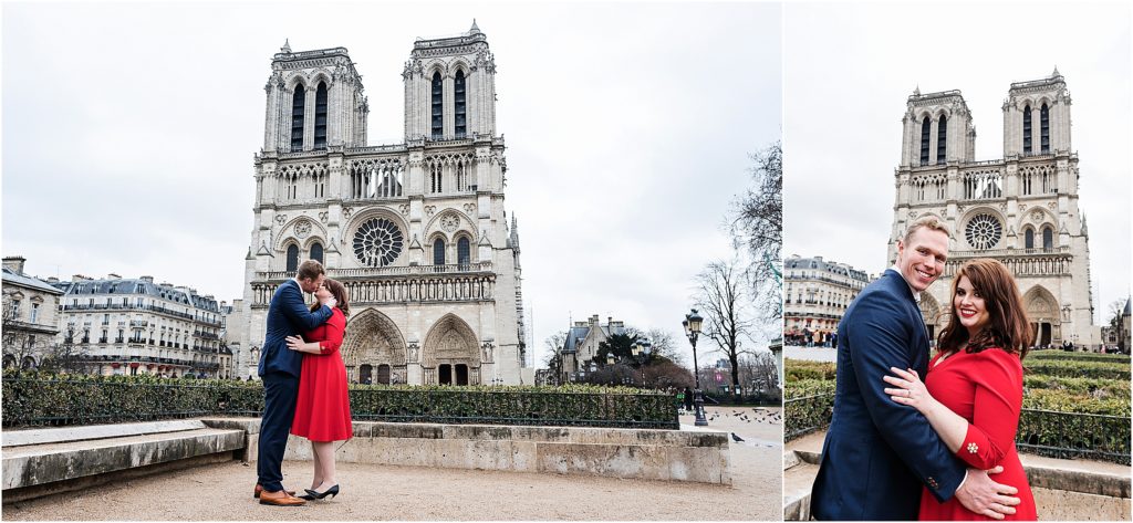 Meghan and Joost are in love in Paris with Notre Dame behind them while they kiss.