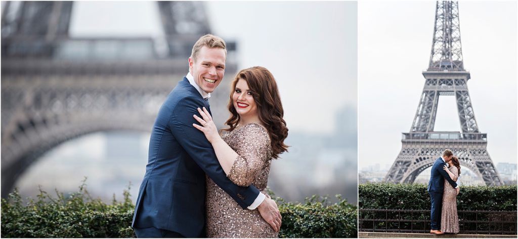 Engaged couple in Paris, France
