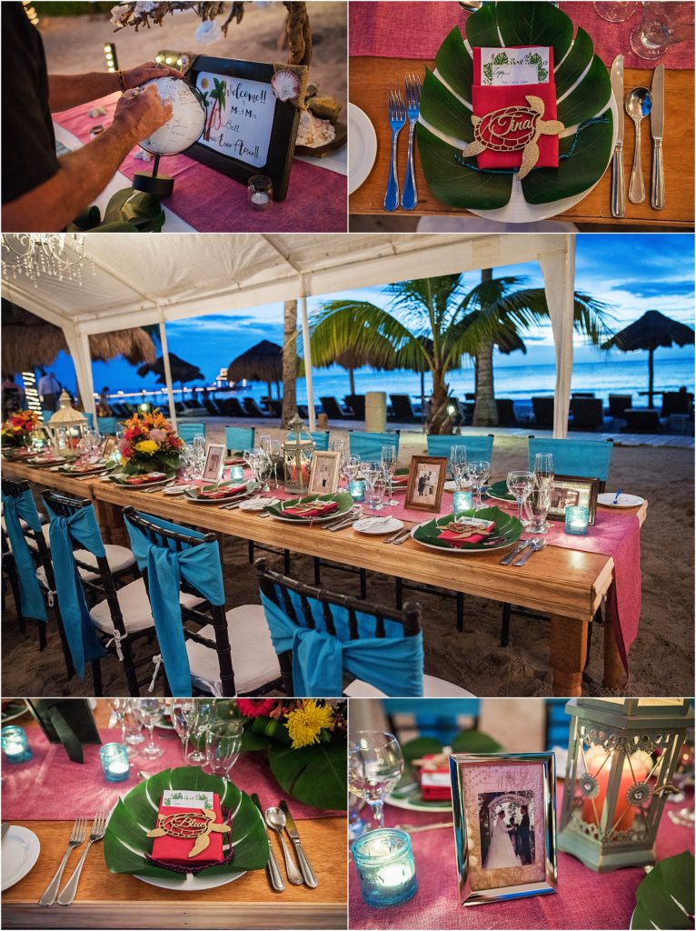 destination wedding reception details with tropical bright colors and themes