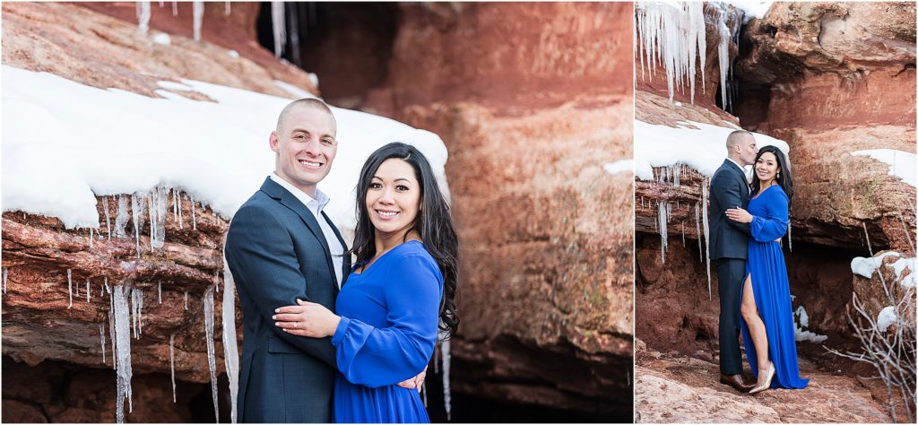 Tom and Celene wear formal clothes at Garden of the Gods in winter, there are red rocks with ice circles and snow around them