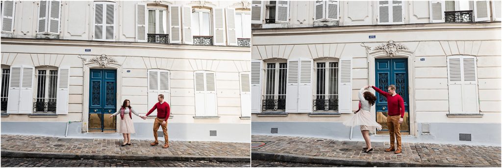 Fun and romantic couple dance on the sidewalks in Paris