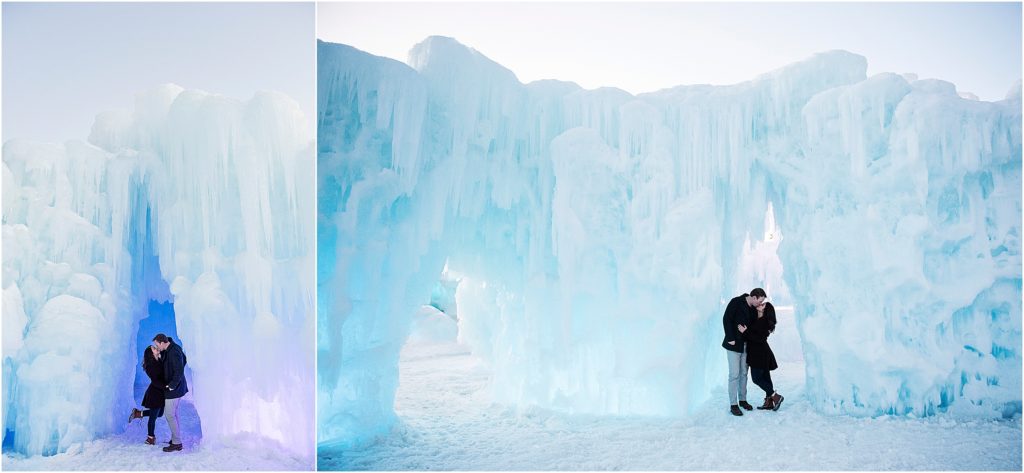 engagement photos at dillion ice castles, couple is embracing and kissing