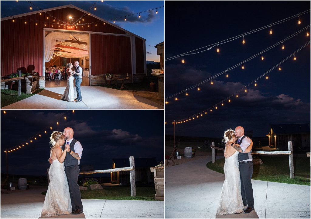 Bride and groom share their first dance on the patio outside of the barn at Younger Ranch after the sun has gone down