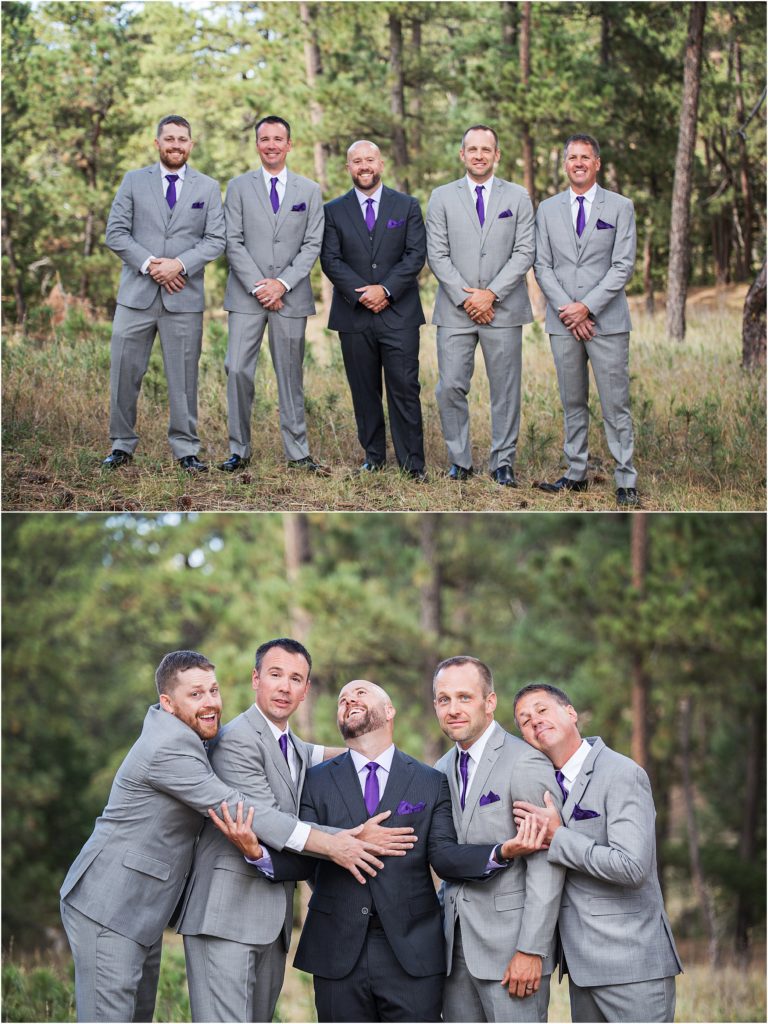 Bryan and his groomsmen wearing grey, shades of purple, smiling and embracing and laughing