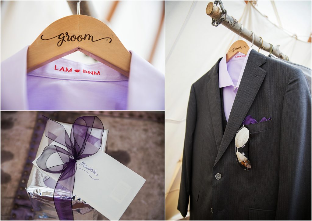 Grooms details, dark grey suit with lavender button up shirt, dark purple handkerchief and sunglasses, his nickname is Muscles