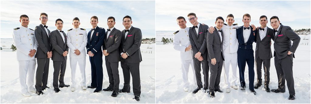 groom and six groomsmen in military uniforms and grey tuxedos with burgundy accents