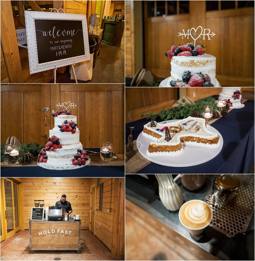 Reception details at flying horse ranch, naked wedding cake with dusted berries, texas shaped grooms cake, welcome sign, holdfast coffee cart, and latte