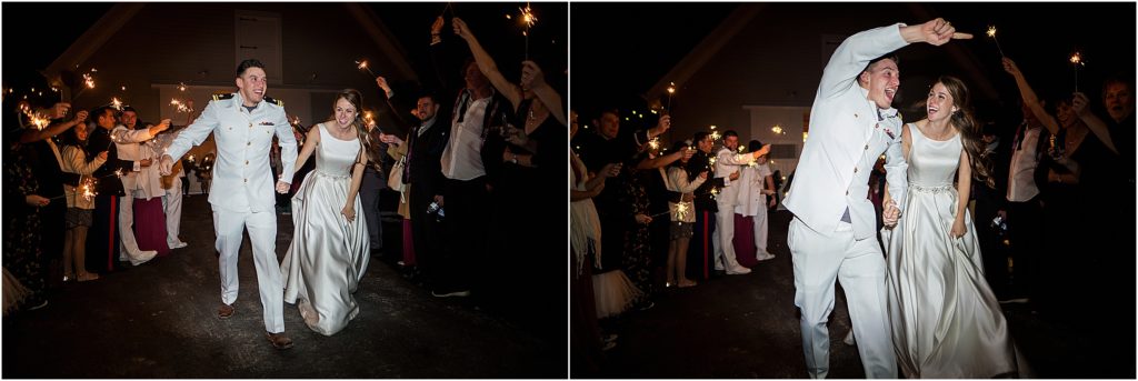 sparkler exit at flying horse ranch, bride and groom smiling and laughing, groom in navy dress uniform