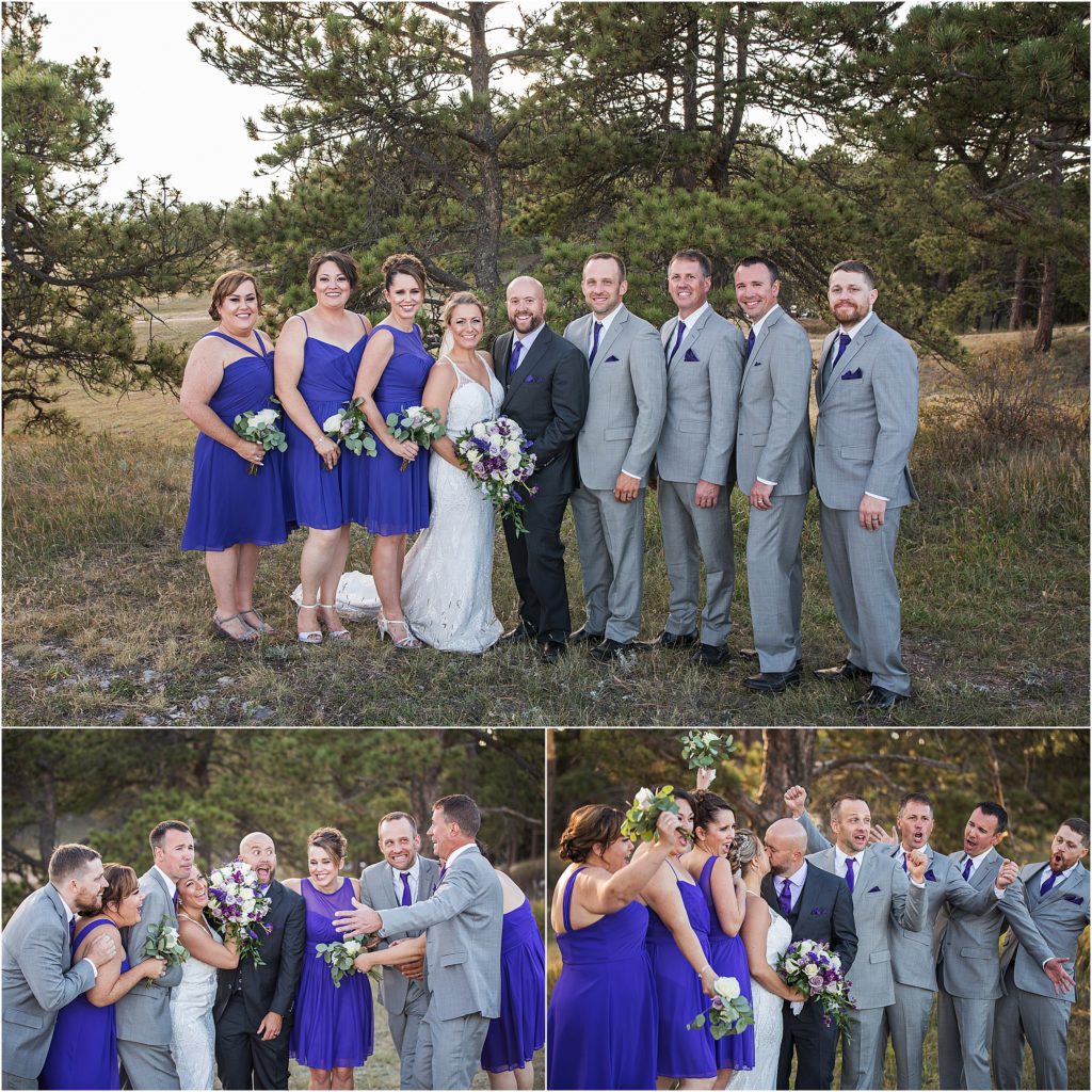 Lori and Bryan and their wedding party wearing purple and lavender, bridesmaids and groomsmen celebrate the newlyweds