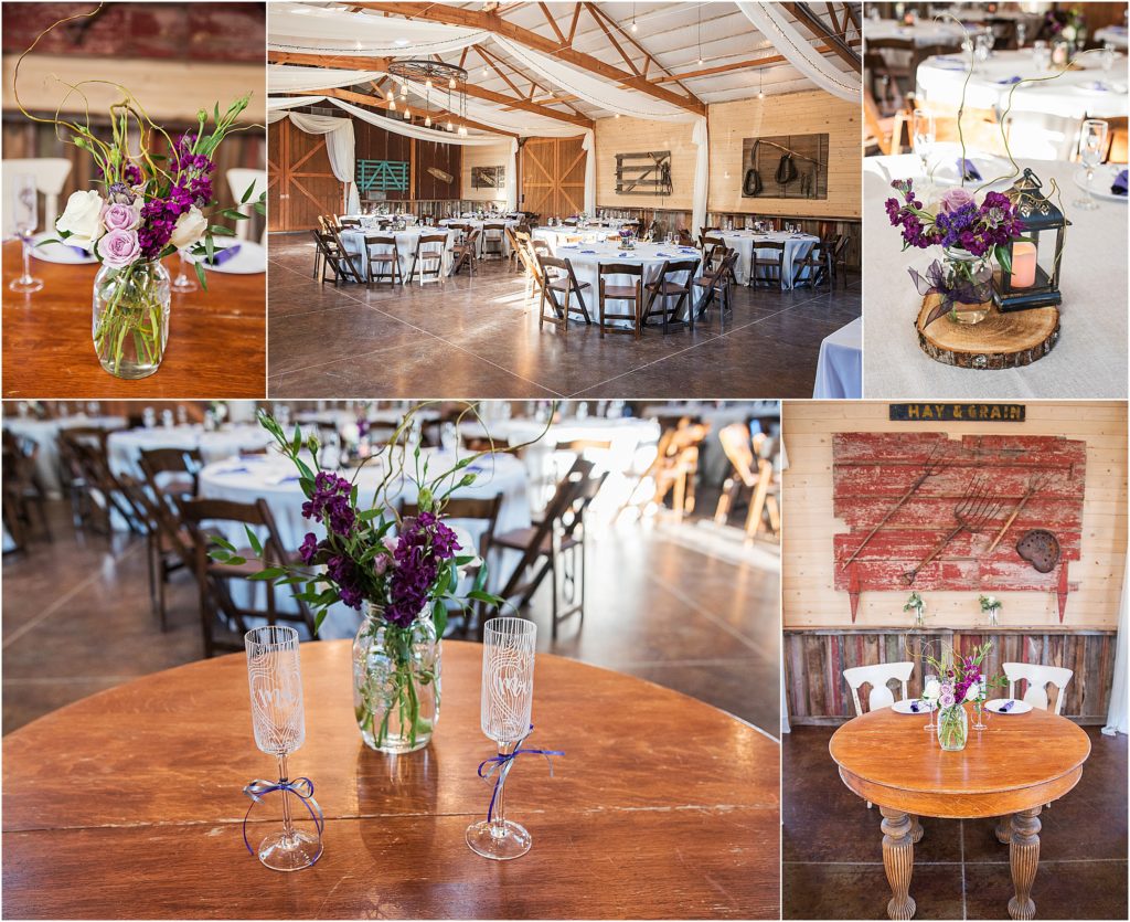 Younger Ranch Reception barn decorated in different shades of purple for Lori and Bryan's reception