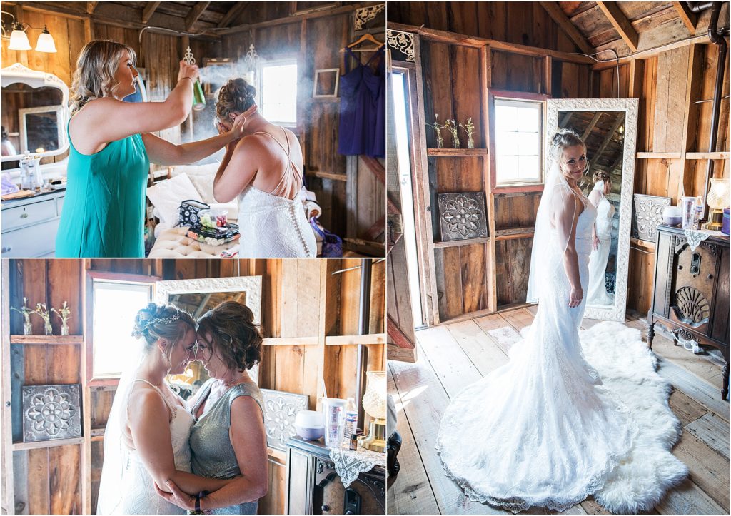 Lori finishes getting ready, having a moment with her mother, and standing in her wedding gown at the bridal cottage at younger ranch near Colorado Springs, Colorado