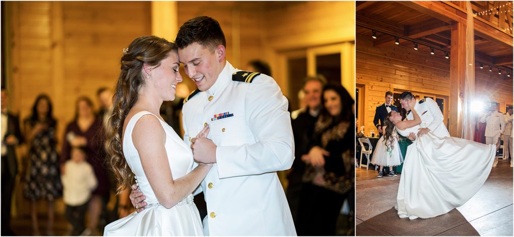 Bride and groom share first dance at flying horse ranch at this military wedding