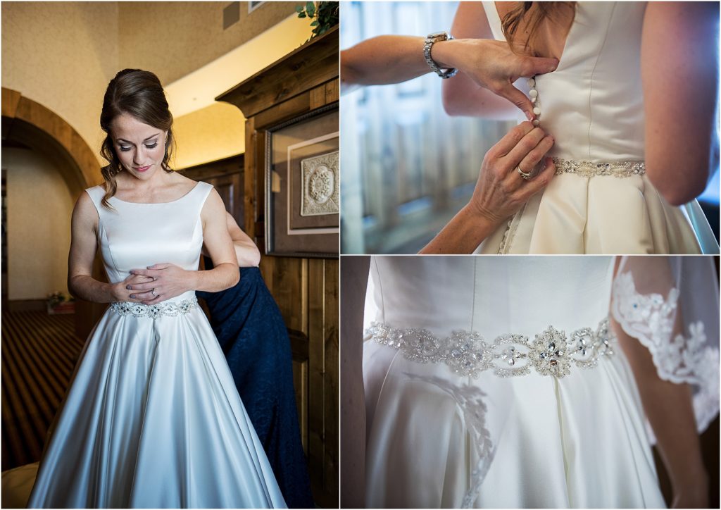 Bride gets dressed and details of her wedding gown, buttons and rhinestone waist embellishments,