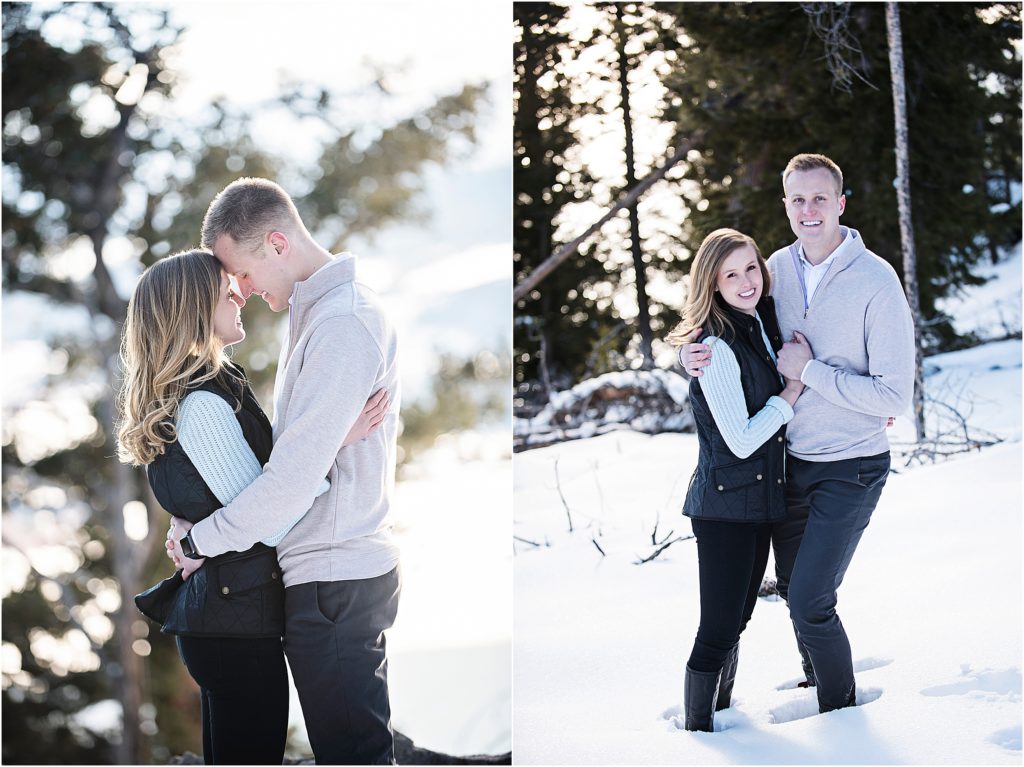 Series of two photos, in first photo, couple embrace with their foreheads together and eyes closed, in second image, couple looks at camera with smiles