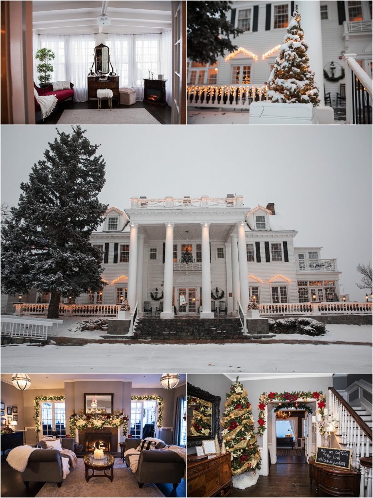 Interior and exterior of The Manor House in Littleton, Colorado, during the holiday season, snow blankets the ground and white lights and elegant garland accent every doorway