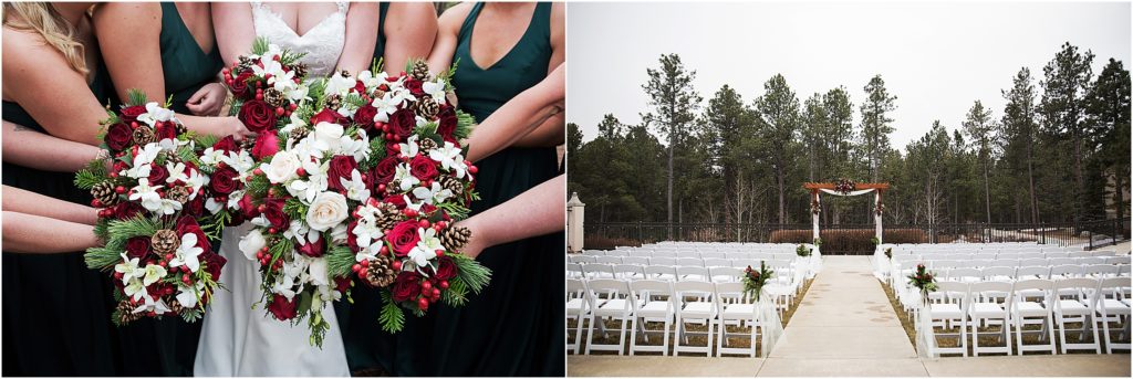 Red, green and white bouquets and flowers at this winter holiday wedding ceremony at Wedgewood in Black Forest, Colorado