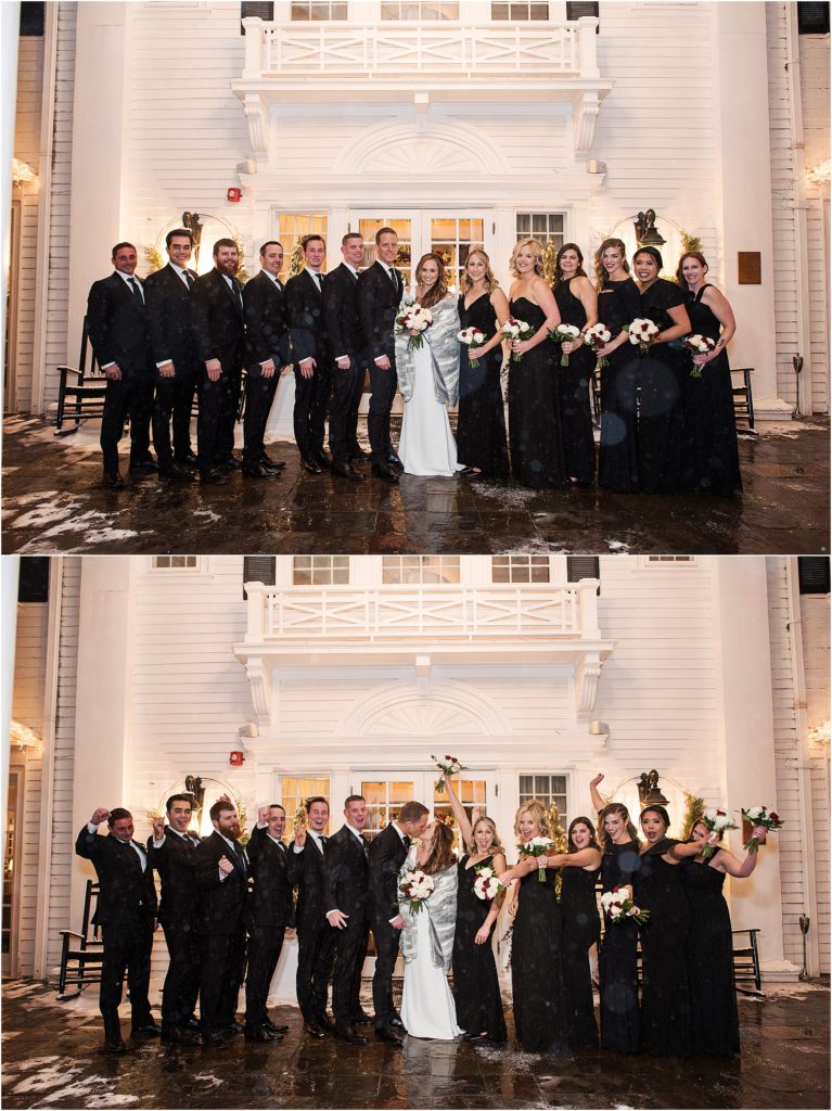 Bride and groom stand with their wedding party in celebration at their New Years Eve wedding at The Manor House