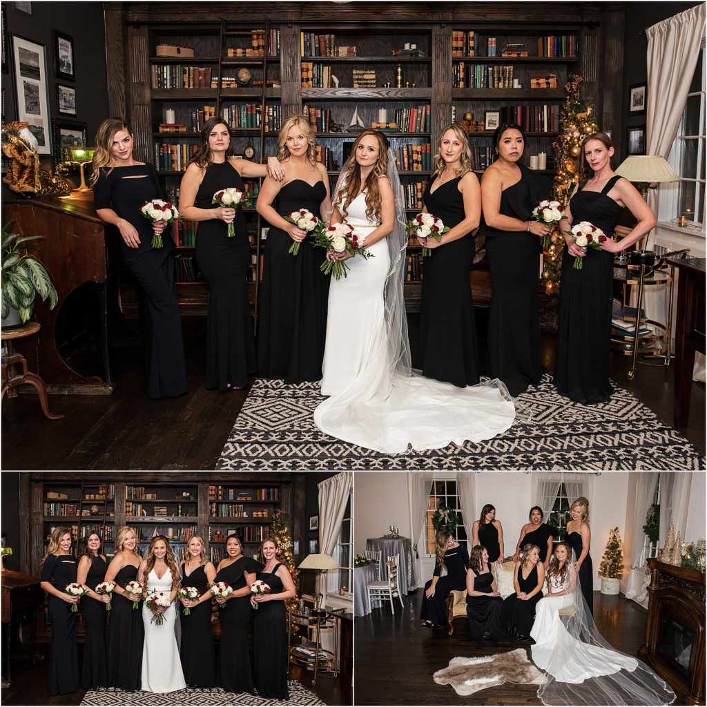 Bride and bridesmaids who are wearing black stand together in the library at The Manor House in Littleton, Colorado