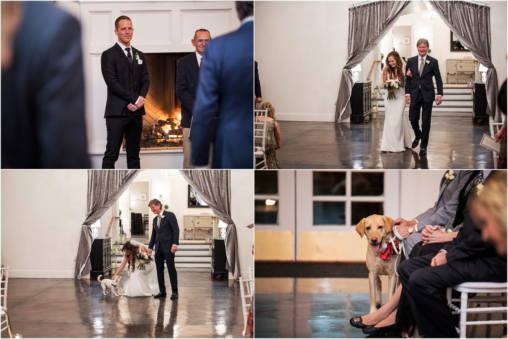 Bride walks down the aisle towards her groom and is greeted by her dog