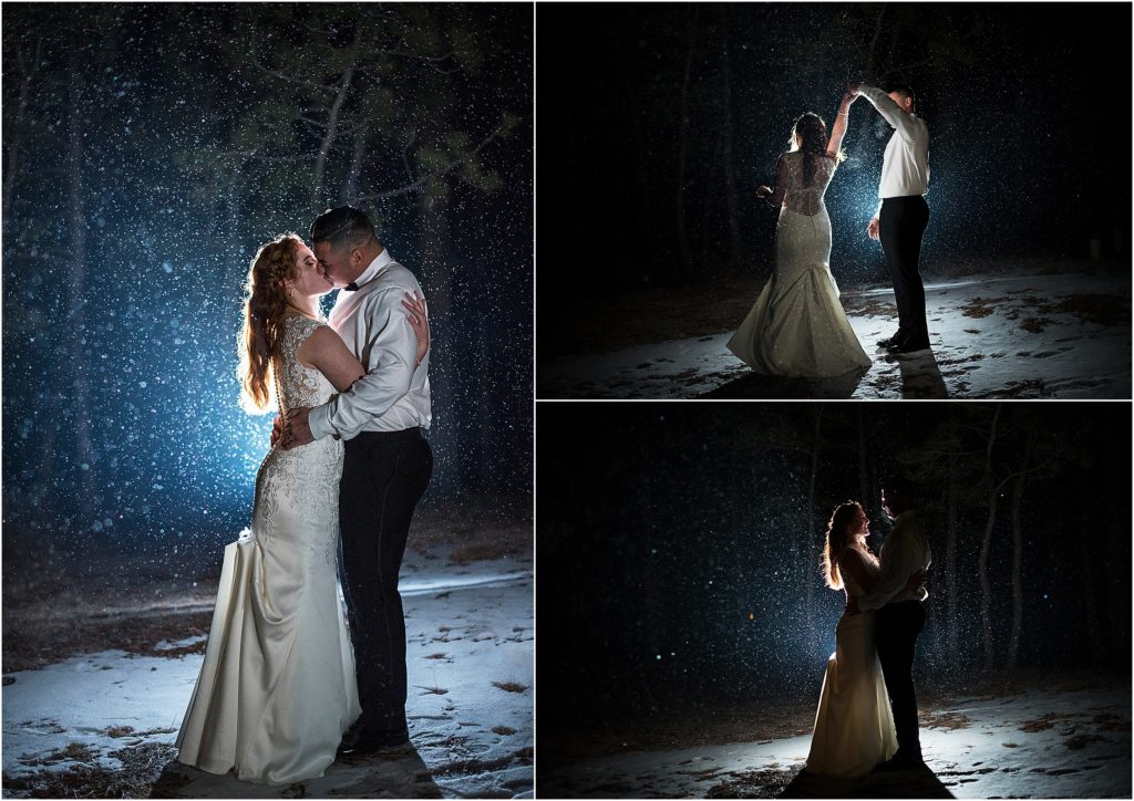 Bride and groom go outside for night portraits in the snow near Colorado Springs, Colorado