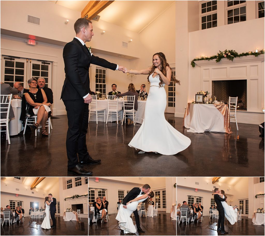 Bride and groom spin across the dance floor during their first dance at their wedding reception