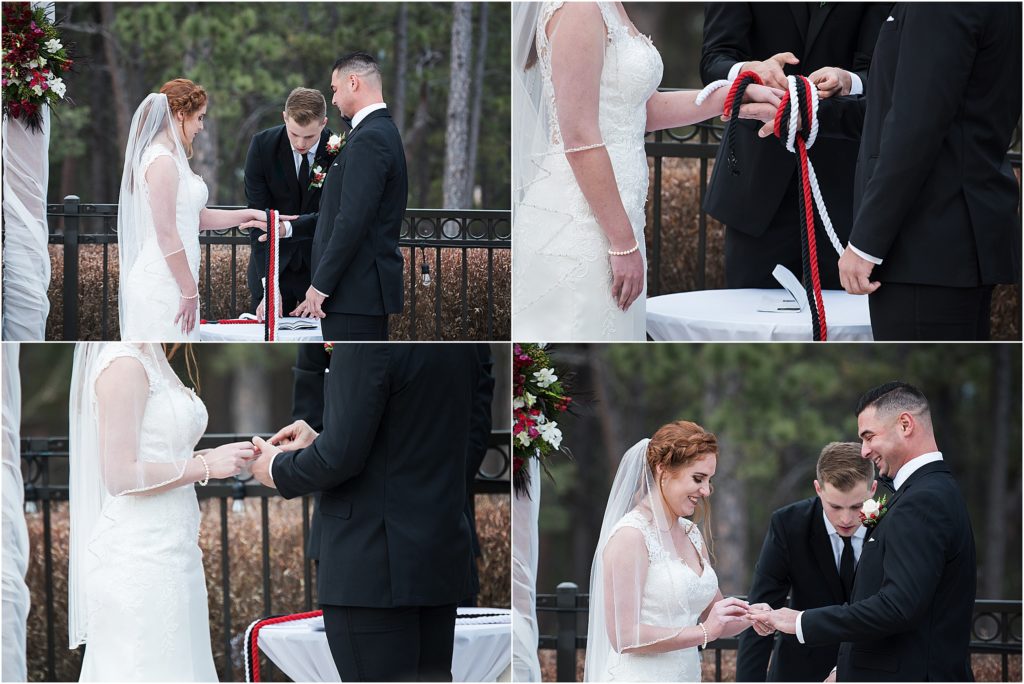 Jeff and Cassidy share their vows and exchange rings at their outdoor wedding ceremony in winter at Wedgewood in Black Forest