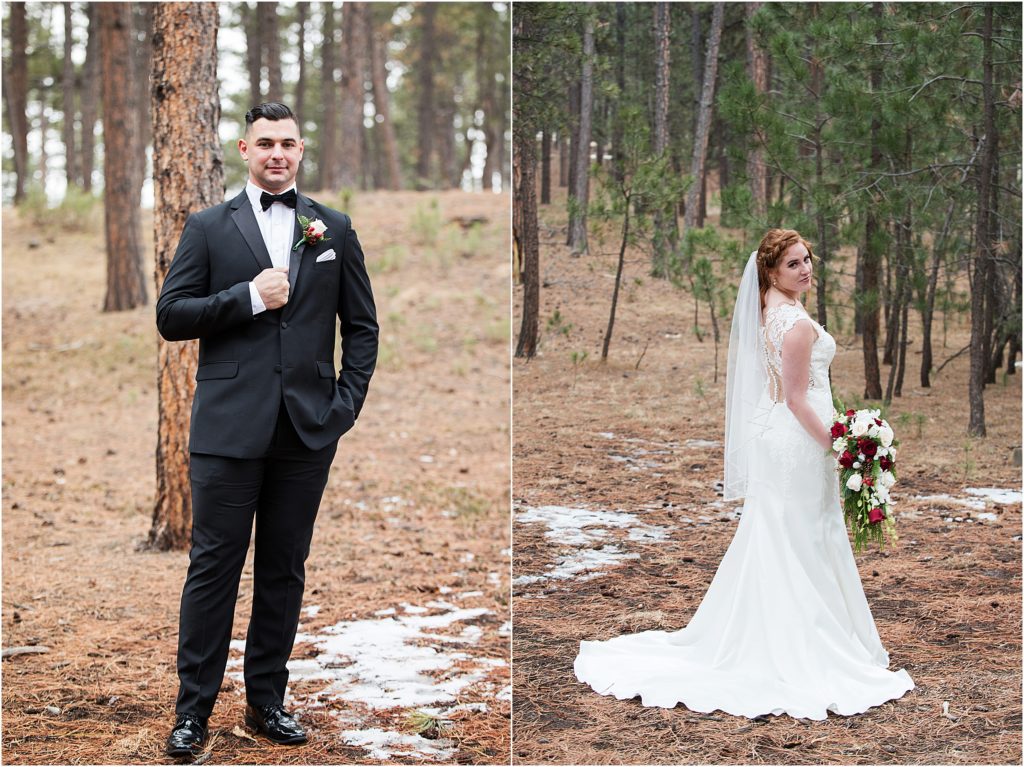 Bride and groom stand for full length portraits on their wedding day in black forest, Colorado, in winter time