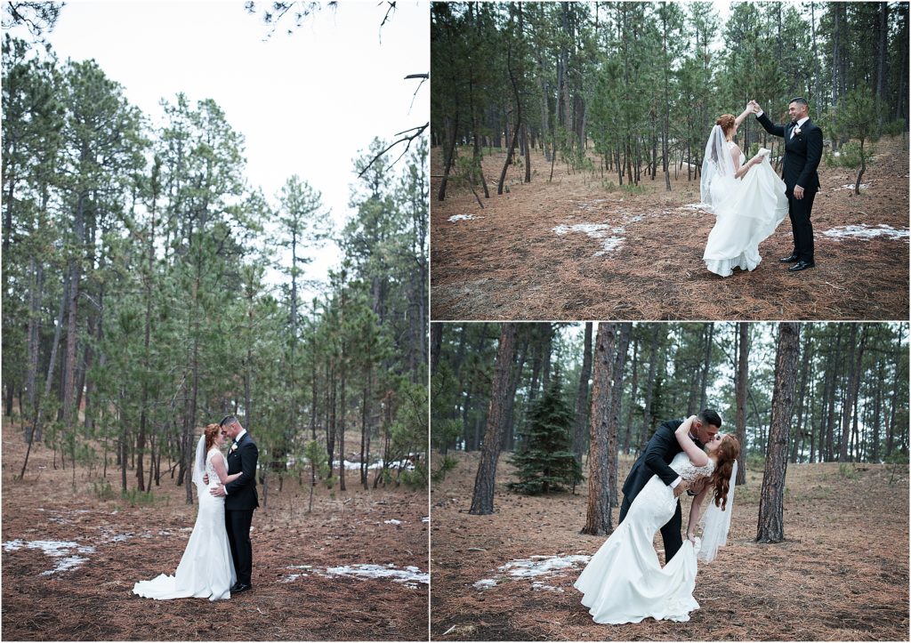 Jeff and Cassidy dance and embrace and kiss in the forest during their winter holiday wedding in Colorado