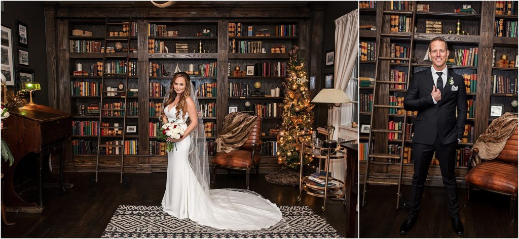 Bride and groom stand for their formal portraits in the library at The Manor House on their New Years Eve wedding day