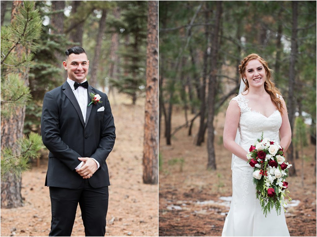 Bride and groom stand smiling for their individual photographs on their winter wedding day