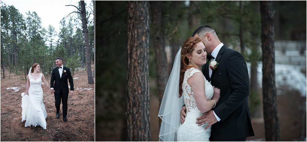 Bride and groom walk together holding hands at dusk in the forest in wintertime