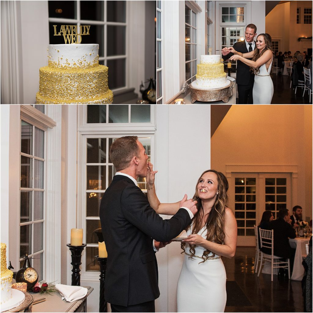 Bride and groom cut their golden accented wedding cake and laugh while they feed each other at this New Years Eve Wedding