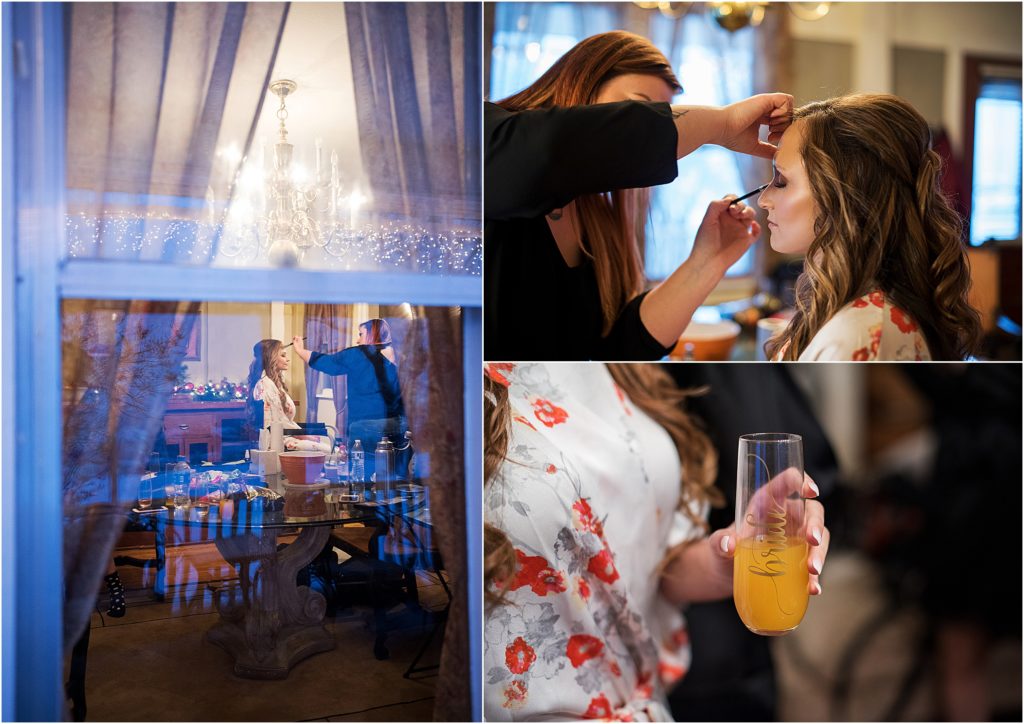 Bride is getting her makeup done on her New Years Eve Wedding day at the manor house in Littleton