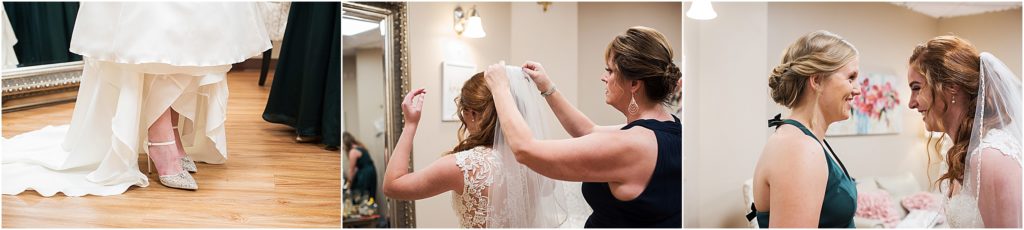 Bride puts on finishing touches as she gets dressed in the bridal room at Wedgewood in Black Forest