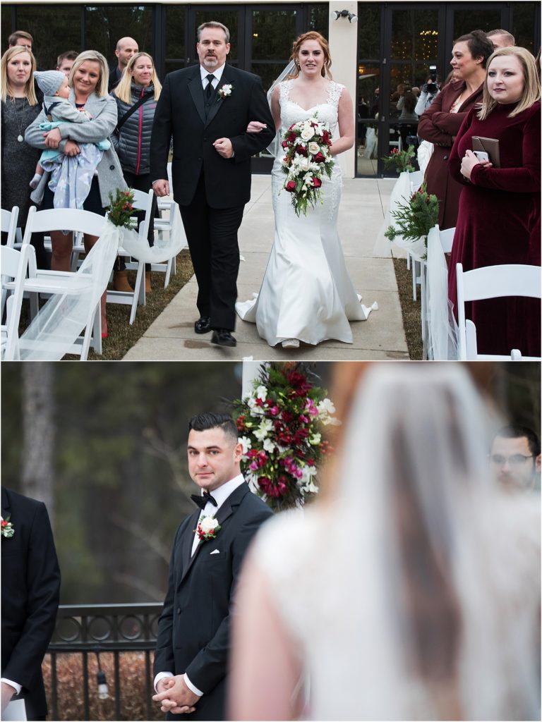 Bride walks down aisle towards groom and they see each other for the first time.