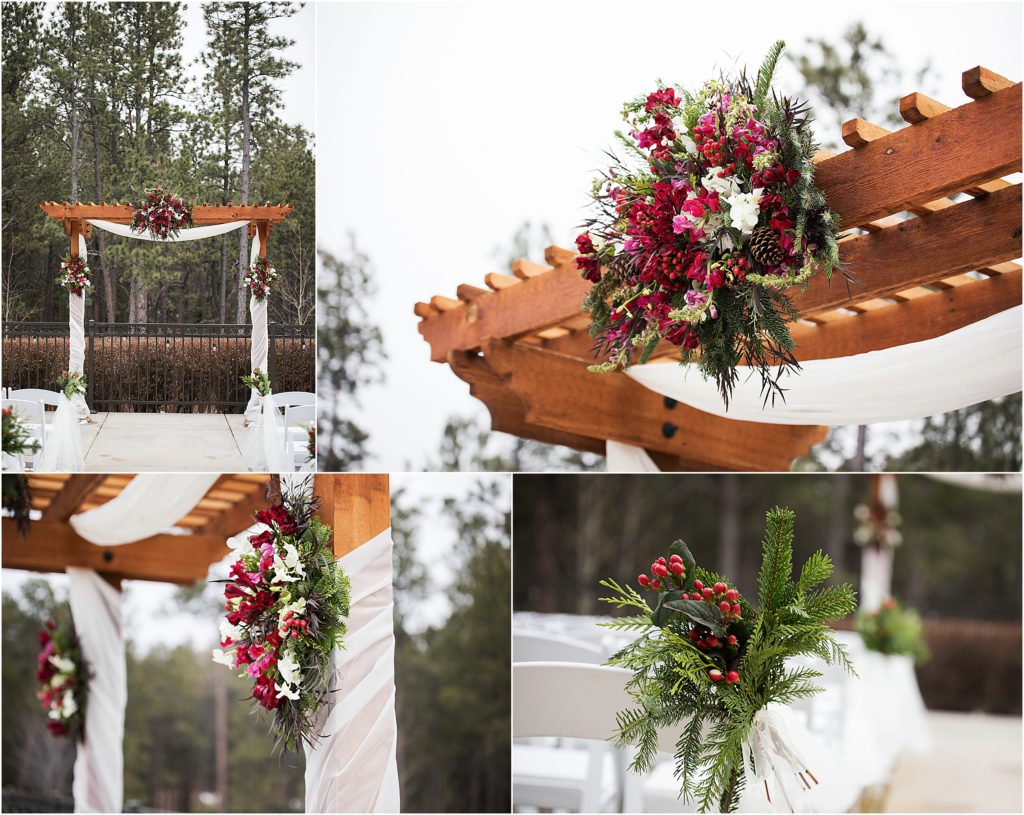 Wedgewood at Black Forest has their outdoor ceremony site decorated with Christmas inspiration