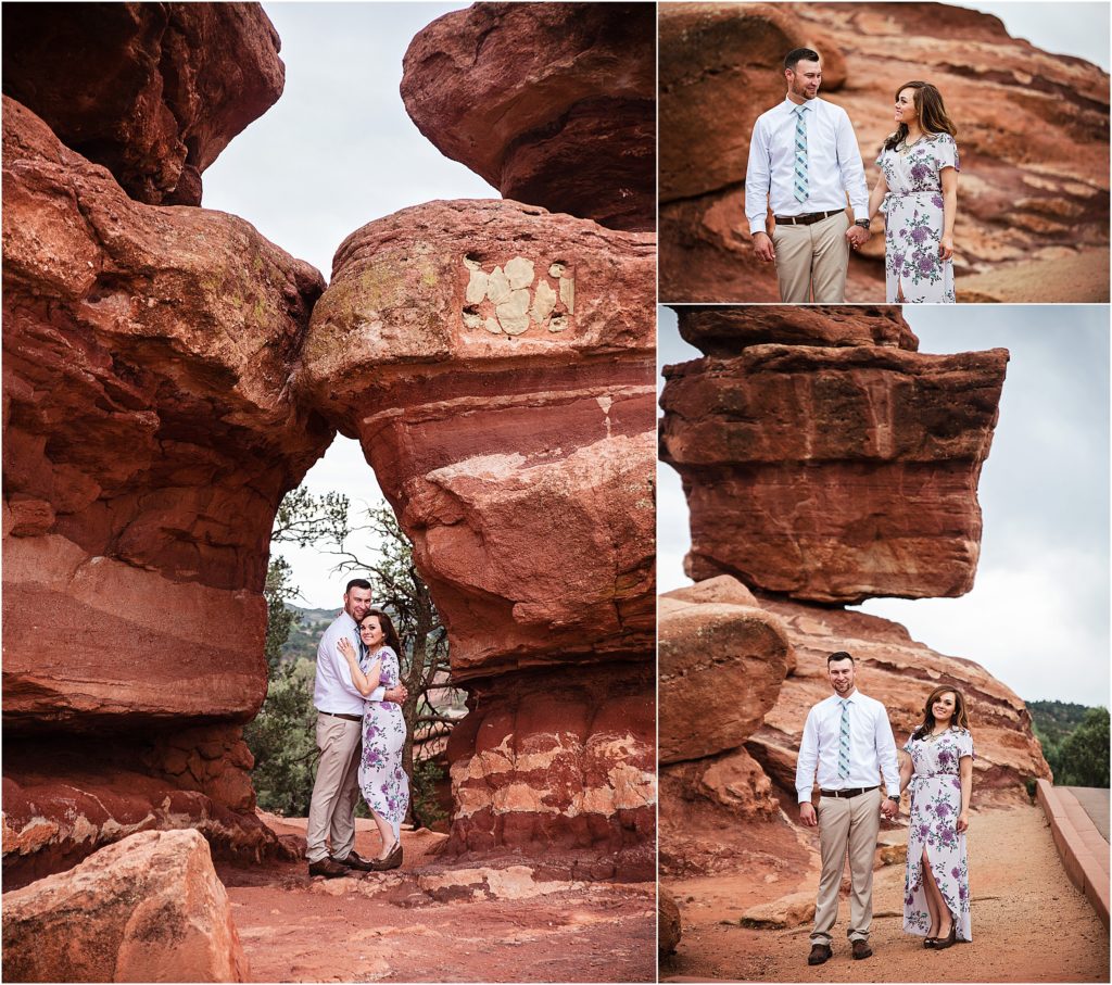 Couple taking engagement photos at Garden of the Gods near Balance Rock in Colorado Springs